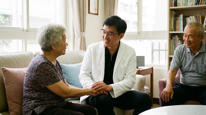 吳紹琥醫師分析長者健康的基因風險 吳紹琥醫師示範長者健康抗老營養補充 吳紹琥醫師於社區推廣長者健康平權 吳紹琥醫師與家屬討論長者健康管理