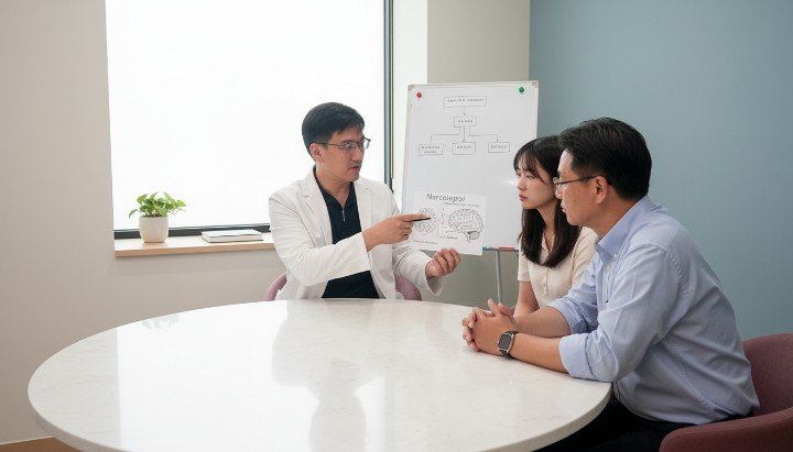 醫師在診間與病患討論嗜睡症治療計畫 顯微鏡下顯示與嗜睡症相關的神經細胞 透過圖表說明嗜睡症患者的異常睡眠結構 醫師正在為懷疑患有嗜睡症的患者進行評估