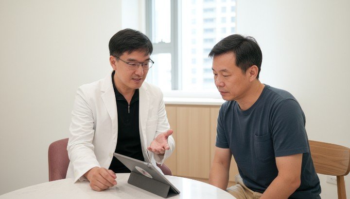 吳紹琥醫師於診間向病患說明PRP增生療法禁忌 醫療團隊準備離心血液以避免PRP增生療法禁忌風險 專業醫師評估患者體質是否符合PRP增生療法禁忌 再生醫學療程中需嚴格遵守PRP增生療法禁忌規範