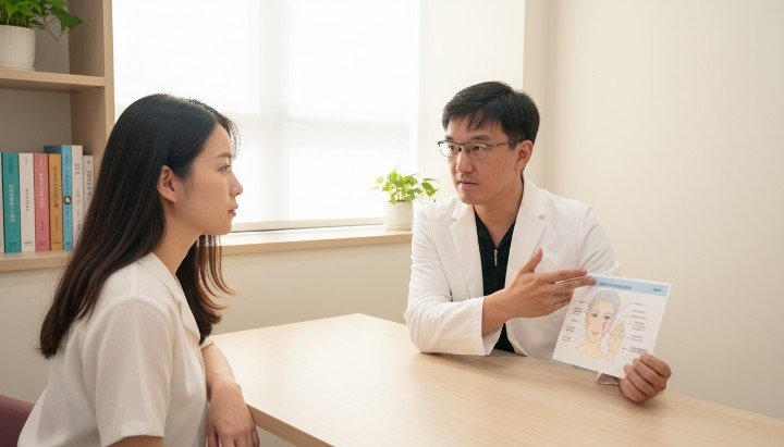 展示埋線拉提對比圖呈現臉部緊緻效果 吳紹琥醫師於診間為患者評估埋線拉提方案 呈現專業醫療團隊執行埋線拉提的精密過程 臉部肌肉結構解剖圖說明埋線拉提位移點