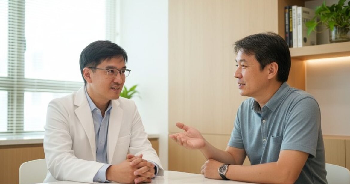 醫生向患者講解脂肪肝與健康管理的重要性，背景明亮，患者專注聆聽。