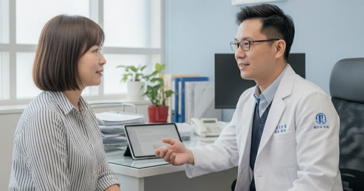 吳芮醫師與患者進行精靈針術前評估，討論施打部位與預期效果。