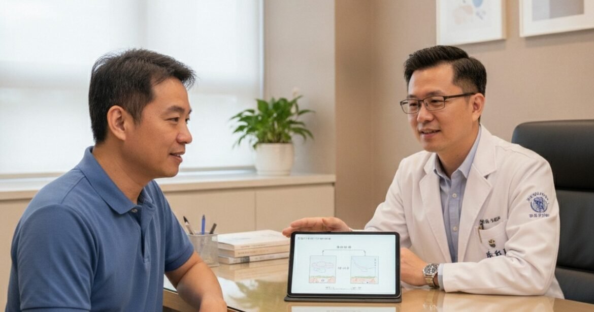 吳芮醫師為男性患者說明輪廓塑形療程，強調安全與效果預期。